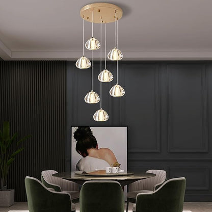Modern Crystal Foyer Chandelier Entryway 7-Lights Gold, Raindrop Bubble Sphere LED Lighting Fixture for Staircase Living Room