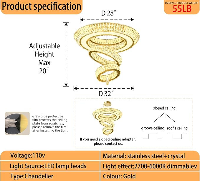 Led 32'' Gold Ring Chandelier,Modern Luxury Crystal Chandelier for Dining Living Room 3-Tier Raindrop Chandeliers Lighting LED 3000-6000K Infinity Dimmable
