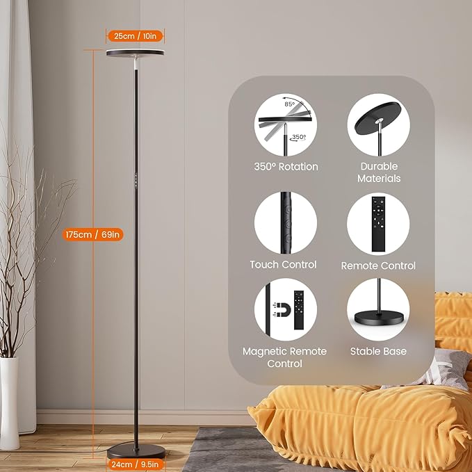OHLUX Floor Lamps for Living Room, Bright LED Standing Lamp with Remote, Modern Color Changing Tall Lamp with Stepless Dimming, 69" Corner Floor Lamp for Bedroom, Office, Black