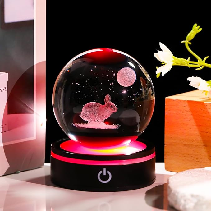 YWHL 3D Crystal Ball Moon Rabbit Figurine with Colorful LED Base, Bunny Gifts for Women Men on Birthday Christmas Rabbits Statue Glass Animal Bunny Statue Night Light for Home Decor (80mm)