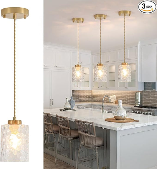 MWZ Gold Pendant Lights Kitchen Island 3 Pack, Modern Hanging Kitchen Pendant Lighting Over Sink with Hammered Glass Shade,Small Chandeliers Fixtures Adjustable Cord Hanging Lighting for Dining Room