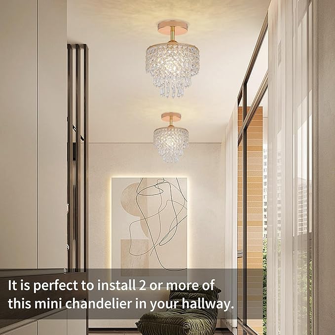 Mini Crystal Chandelier 3-Tier Raindrop Semi Flush Mount Ceiling Light Fixture Crystal Chandeliers for Bedroom Kitchen Hallway Bathroom Closet (Gold)