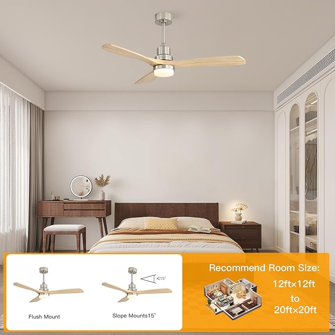 Sofucor 52" Ceiling Fan with Lights and Remote Control, Indoor Outdoor Modern Wood Ceiling Fan for Farmhouse Bedroom Living Room Pation Porch, with Reversible DC Motor, 6 Speeds, 3 Color Temperature
