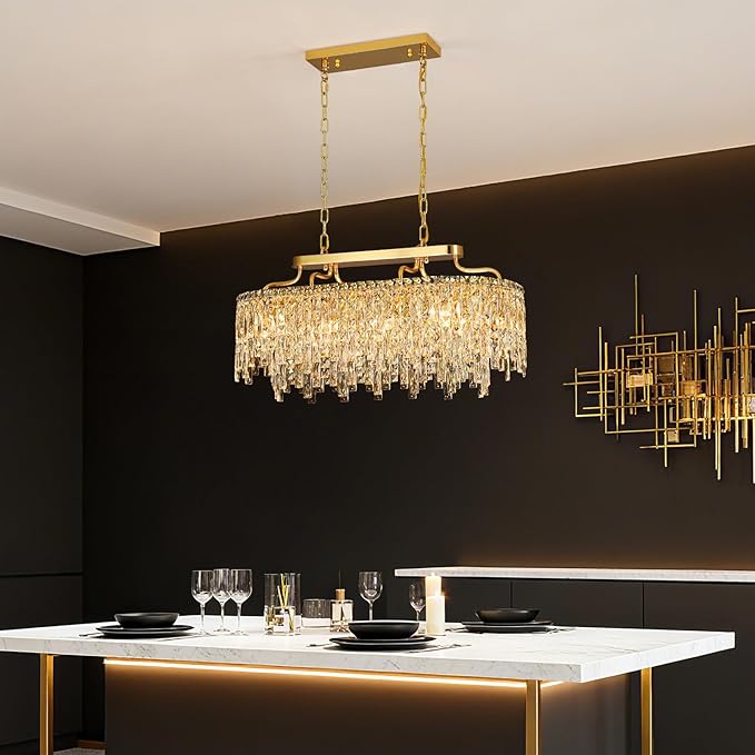 Gold Crystal Chandelier | Modern Luxury Oval-Shaped Chandeliers for Dining Room Light Fixture, 32" 10-Light Crystal Ceiling Lighting Fixture for Dining Room Kitchen Island Bar