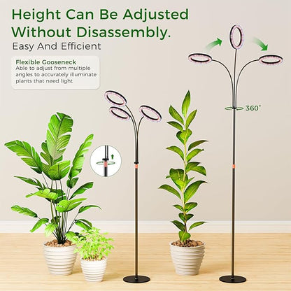Grow Lights for Indoor Plants with Timer, Three-Heads 63 Inch Vertical Grow Light Full Spectrum 216 LEDs 48W 3/6/12H Auto On/Off 3 Light Modes 10-Level Dimmable Gooseneck Standing Plant Lamp
