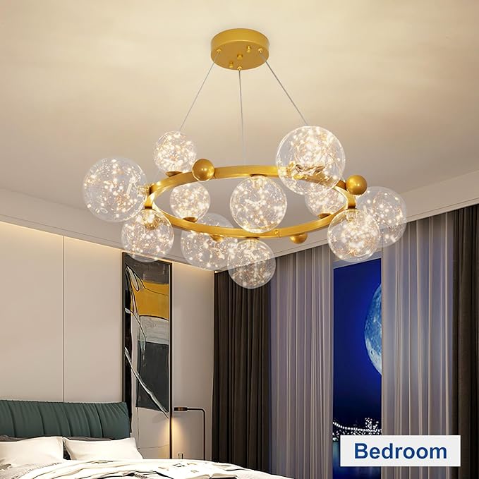 Depuley Sputnik Chandelier Light Fixture: 12-Light Modern Gold Bubble Glass Chandeliers for Dining Room - 33.85" Mid Century Globe Pendant Lighting for Kitchen Island Bedroom Foyer Living Room