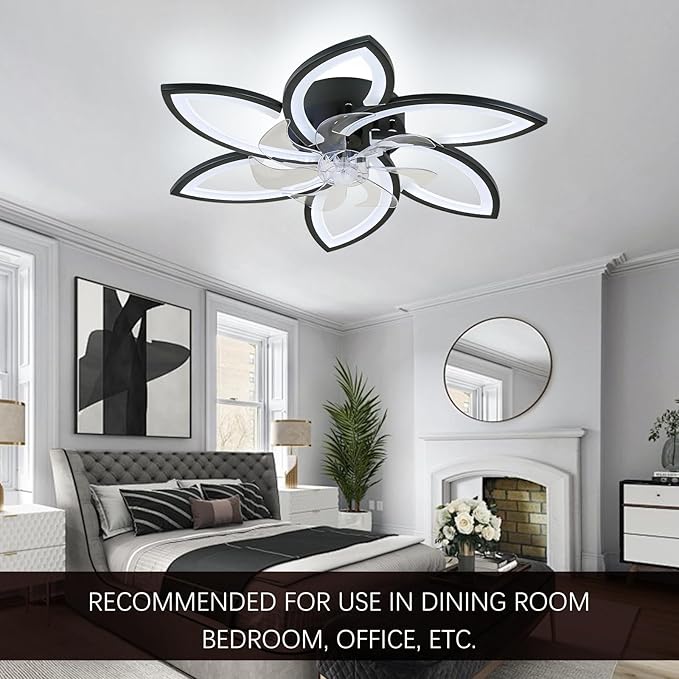Ceiling Fan with Lights and Remote Control Low Profile Ceiling Fan with Lights Modern Dimmable Flower Shape 29.1" Black, 6 Speeds 3 Light Color Flush Mount Fandelier for Kitchen Bedroom