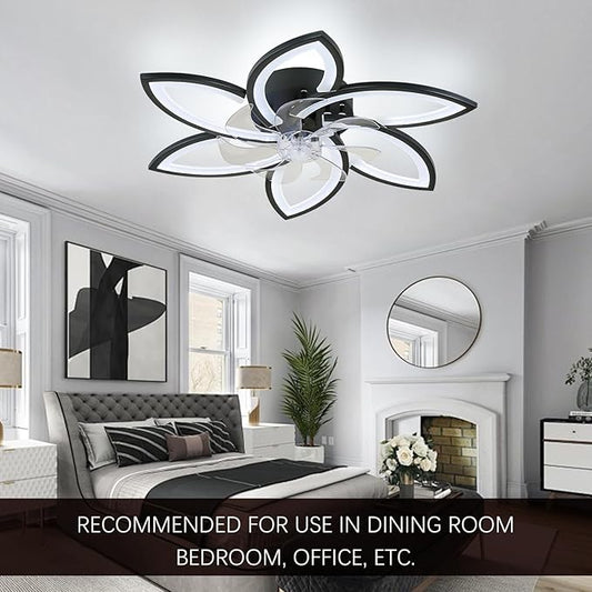 Ceiling Fan with Lights and Remote Control Low Profile Ceiling Fan with Lights Modern Dimmable Flower Shape 29.1" Black, 6 Speeds 3 Light Color Flush Mount Fandelier for Kitchen Bedroom