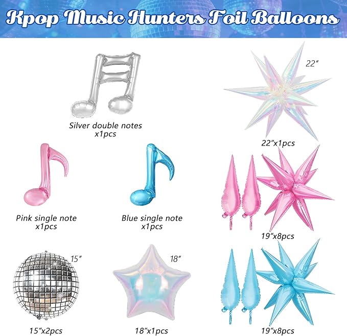 JOGAMS 175Pcs Colorful K-Pop Balloon Arch Kit, Hot Pink Blue Yellow White Pink Balloons with Disco Ball Music Note Iridescent Star Foil Balloons for Kpop Music Disco Theme Birthday Prom Concert Party