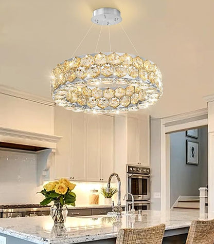 Crystal Chandeliers Modern Rings Pendant Light LED Dimmable Ceiling Light for Bedroom Dinning Room Kitchen Silver