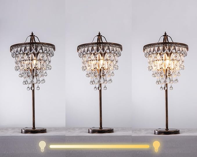 TOCHIC 3 Lights Crystal Table Lamp for Living Room, Bedside Table Lamp for Bedroom Dimmable Control, 28" Tall Bronze Antique Modern Desk Nightstand Lamp for Entryway, Staircase, Home Office