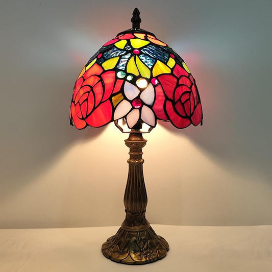 Small Tiffany Table Lamp 8 Inch Tiffany Style Desk Lamp Stained Glass Antique Light Decoration Bedroom Bedside Lamp Retro Reading Lamps (Red Roses Flowers Style)
