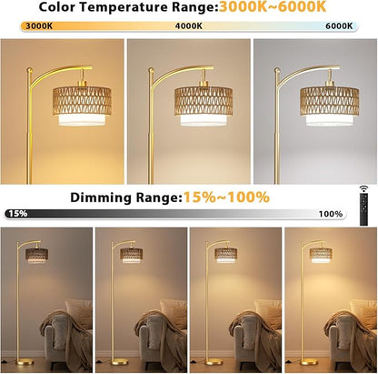 Ambimall Arc Floor Lamp for Living Room with Remote, Color Temperature & Brightness Adjustable, Boho Standing Lamp with Rattan & Fabric Double Drum Shades, Bulb Included(Gold)