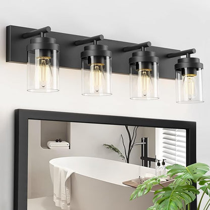 IZORRO Bathroom Vanity Light Fixture, 4-Light 30 Inch Matte Black Bathroom Light Fixtures Over Mirror, with Clear Glass Shade, Modern Farmhouse Vanity Lights, Rustic Restroom Lighting Fixtures