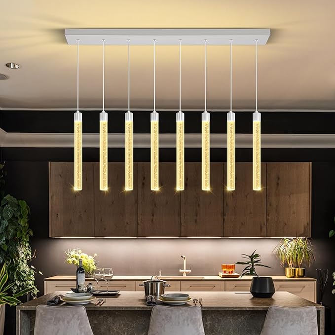 Modern LED Dimmable Crystal Column Chandelier Living Room Rectangular Crystal Chandelier Pendant Light for Dining Room Adjustable Height 8-Light Silver