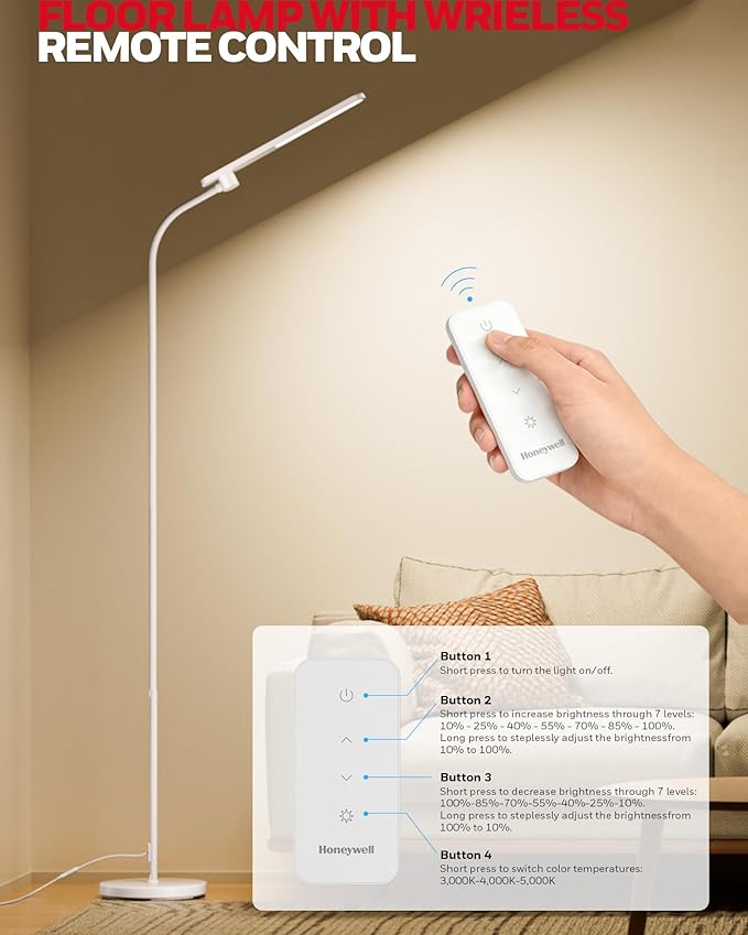 Honeywell LED Floor Lamp with Remote, CRI97 Full Spectrum Eye-Caring Reading Lamp, Stepless Dimmable 3000K-5000K Task Floor Lamp with Flexible Gooseneck for Living Room, Bedroom, Office