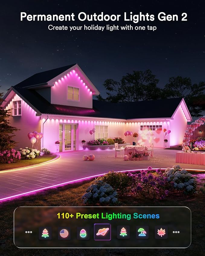 Lumary Permanent Outdoor Lights 2 with Remote, Slide-Base, 150ft with 90 RGBAICW LEDs 5400lm for House Daily & Accent Lighting, DIY 110+ Scene for Christmas Decor, Compatible with Alexa Google, White