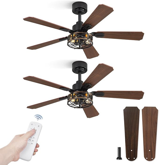 Fanbulous 2 Pack 42 Inch Rustic Caged Ceiling Fan with Lights, Black Farmhouse Ceiling Fans for Bedroom Living Room, Double-Sided 5 Blades Rustic Ceiling Fan