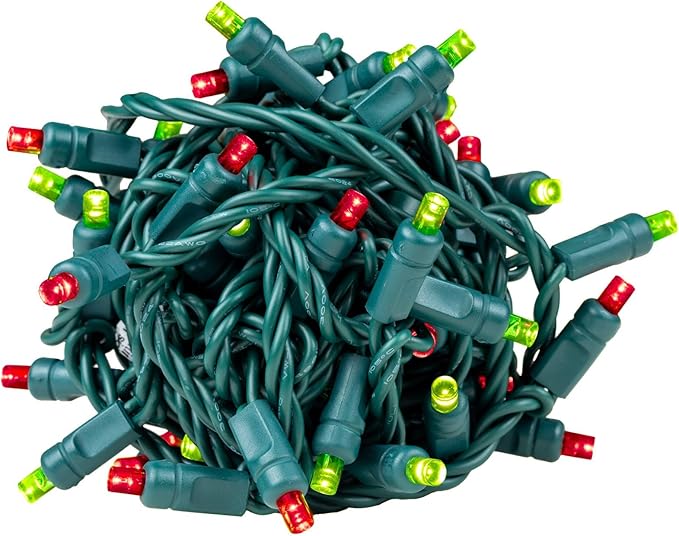Novelty Lights 25ft 50 LED Lime Green/Red Christmas Lights Outdoor/Indoor, 6" Spacing, Green Wire String Lights for Festive Xmas Lighting, IP55, UL Listed, Dimmable, Connectable