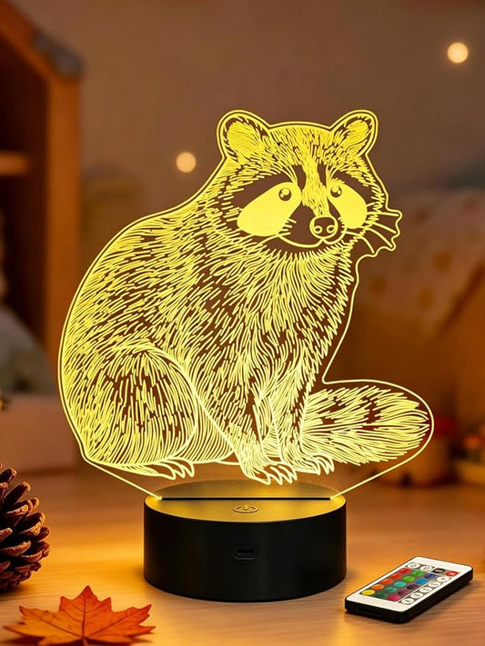 Lampeez Raccoon 3D Night Light for Kids, LED 16 Colors Remote Control Changing Touch Dimmable Table Desk Lamp, Cute Animal Gifts for Raccoon Lovers Animal Fans