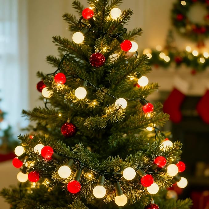 Round Christmas Decoration Lights 13.5Ft G15 Red and White Christmas Lights 50 LED Shatterproof Mini Globe String Light, Plug in Vintage Xmas Light for Indoor Outdoor Wreath Porch Patio Tree Decor