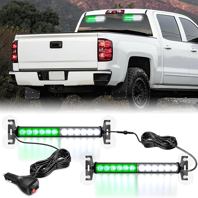 Nilight 24LED Emergency Strobe Traffic Advisor Light Bar 2 in 1 Green White Dash Warning Safety Flashing Lights Front/Rear Windshield Construction Lights for Trucks Cars Plow Police Vehicles