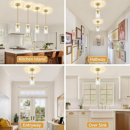 3 Pack Brushed Gold Pendant Lights Kitchen Island, Hammered Glass Kitchen Pendant Lighting Over Island Adjustable Hanging Bathroom Light Fixtures Modern Pendant Light for Dining Room Hallway Foyer