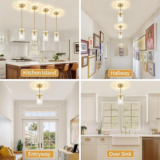 Brushed Gold Pendant Lights Kitchen Island 2 Pack, Hammered Glass Kitchen Pendant Lighting Over Island Adjustable Hanging Bathroom Light Fixtures Modern Pendant Light for Dining Room Hallway Foyer