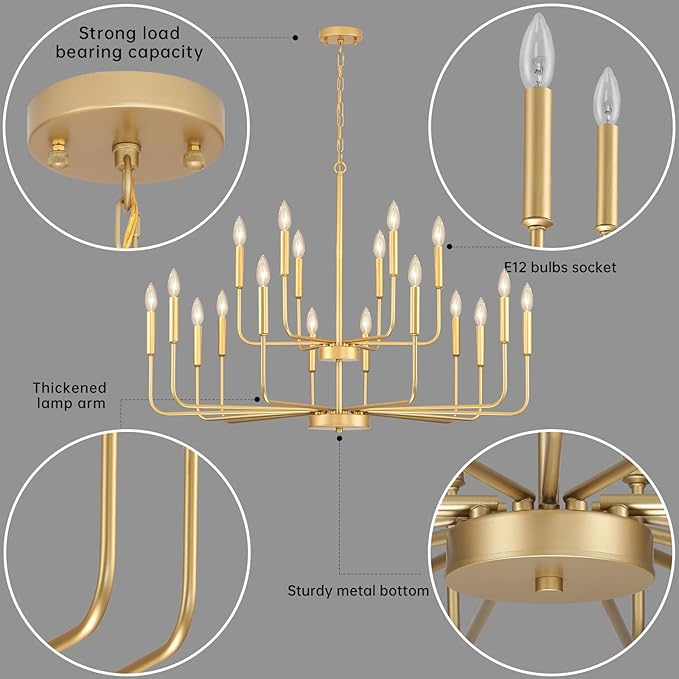 Gold Chandeliers for Dining Room Light Fixture Over Table, Modern Farmhouse Chandeliers for Living Room,18-Lights Industrial Metal Candle Lighting Fixtures for Entryway Kitchen Island Foyer