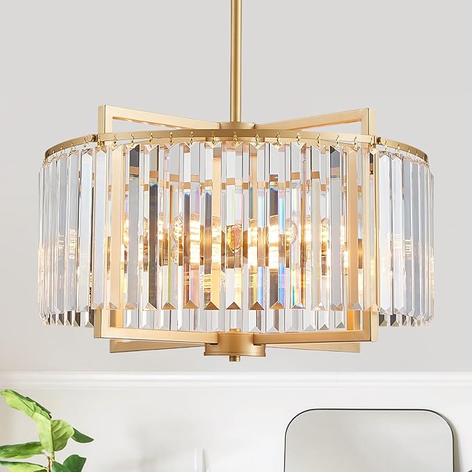 Modern Drum Crystal Chandelier for Dining Room, 20" Round Rustic 5-Light Gold Pendant Lightting Fixture for Living Room Kitchen Island Bedroom Hallway Foyer