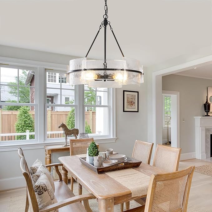 Black 22" Farmhouse Glass Chandelier - Modern Round Foyer Lighting Fixture for Dining Room, Kitchen Island, Bedroom, Living Room, Entryway
