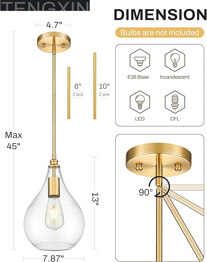 TENGXIN 8 Inch Pendant Lighting for Kitchen Island,Hanging Lights Kitchen Island,Brushed Gold Finished Clear Glass Pendant Light,Farmhouse Pendant Light for Dining Room,Bedroom,TXPLBG12-LCG