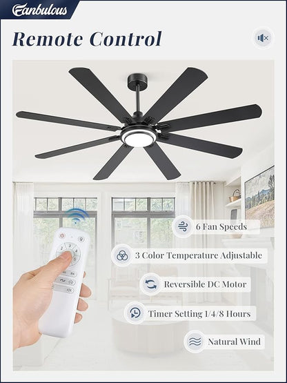 Fanbulous 72 Inch Ceiling Fans with Lights and Remote, Black Ceiling Fan with 8 Dual-Color Blades, Indoor/Outdoor Large Ceiling Fans, Reversible DC Motor, 6-Speed, 3CCT for Living Room Kitchen Patio