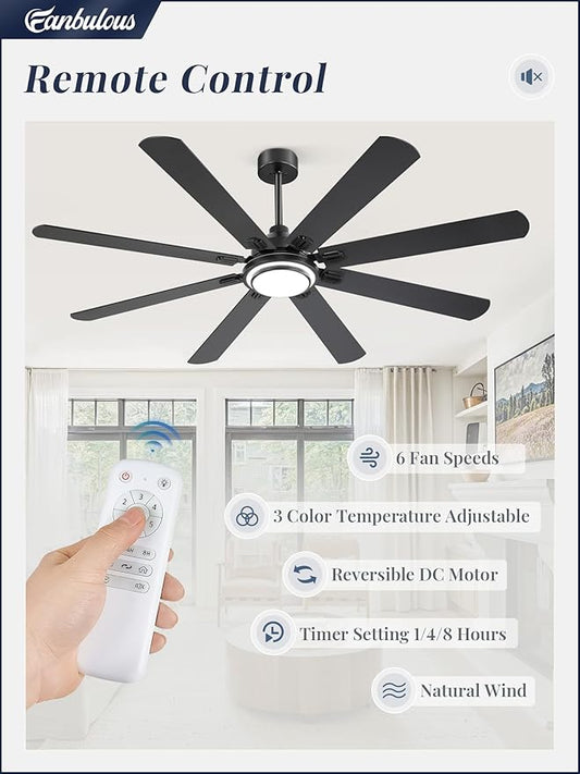 Fanbulous 72 Inch Ceiling Fans with Lights and Remote, Black Ceiling Fan with 8 Dual-Color Blades, Indoor/Outdoor Large Ceiling Fans, Reversible DC Motor, 6-Speed, 3CCT for Living Room Kitchen Patio