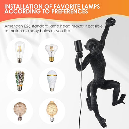 Modern Resin Monkey Wall Lamp & Pendant Light - Hemp Rope Vintage Lamp for Home Decor - Dining, Living Room, Bedroom, Entryway (Black)