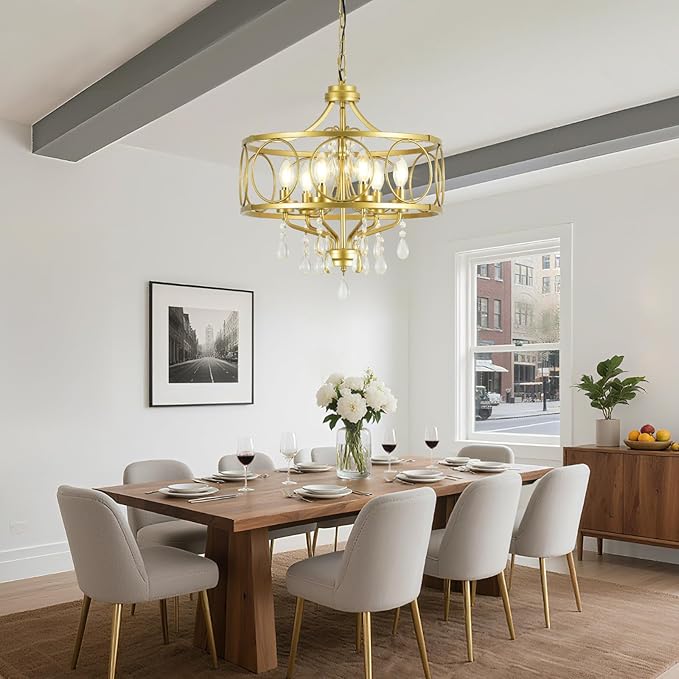 6-Light Modern Gold Crystal Chandelier Dining Room Pendant Lighting Fixture for Farmhouse Bedroom Living Room Kitchen Entryway E12 Bulbs Not Included