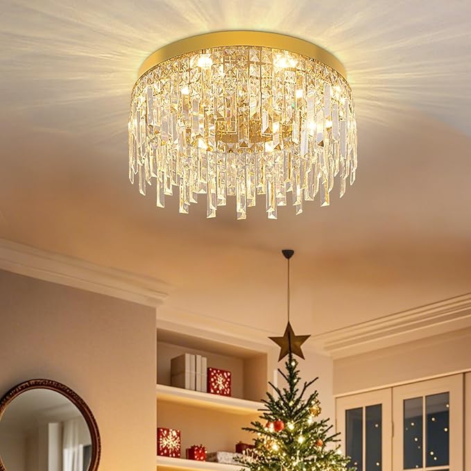 VETRULUS Gold Crystal Chandeliers for Dining Room 15.74" Round Luxury Flush Mount Crystal Ceiling Light Fixture Modern Chandelier for Bedroom Living Room Kitchen Island