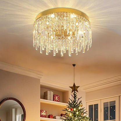 VETRULUS Gold Crystal Chandeliers for Dining Room 15.74" Round Luxury Flush Mount Crystal Ceiling Light Fixture Modern Chandelier for Bedroom Living Room Kitchen Island