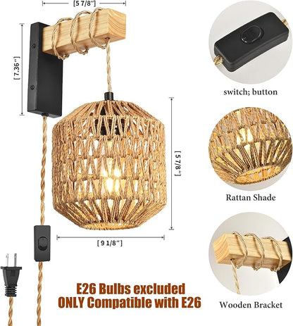 Boho Hanging Wall Light Plug in,Vintage Farmhouse Wall Sconces Set of Two with Rattan Shade for Bedroom Living Room-Black
