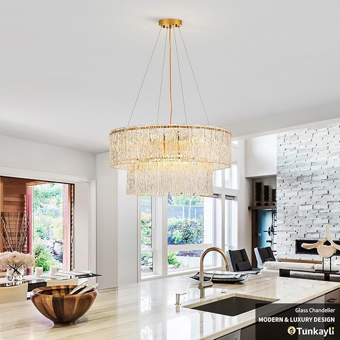 24" Modern Gold Crystal Chandelier Living Room 8-Light Crystal Elegant Lighting Large Glass Chandelier Luxury 2-Tier Round Chandeliers for Dining Room Foyer Living Room Bedroom