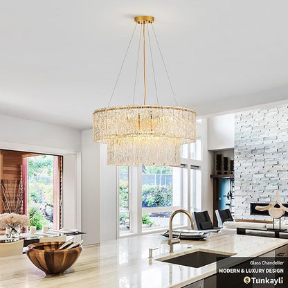 24" Modern Gold Crystal Chandelier Living Room 8-Light Crystal Elegant Lighting Large Glass Chandelier Luxury 2-Tier Round Chandeliers for Dining Room Foyer Living Room Bedroom