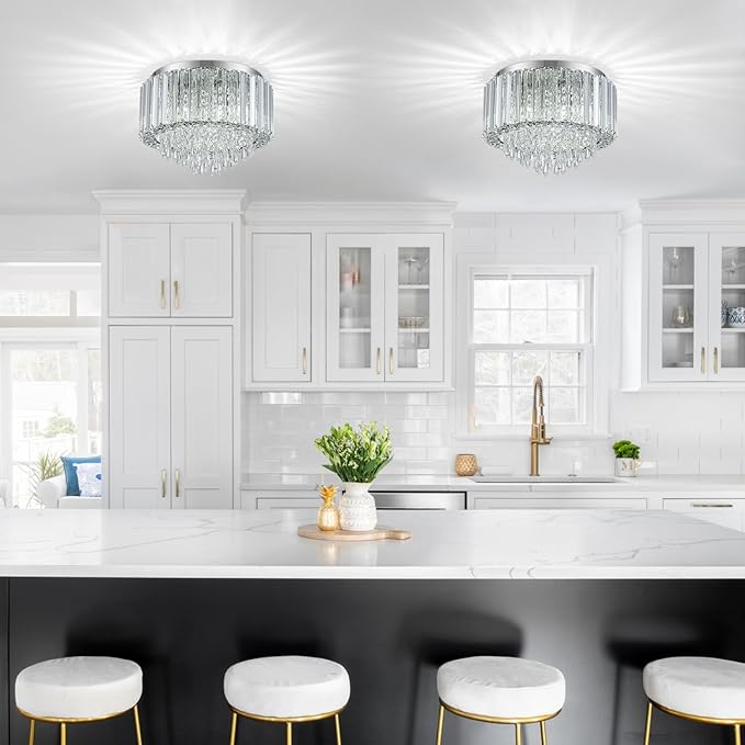 HOPGGIE 11.8 Inch Crystal Chandelier Modern Chandelier Light Mini Chandelier Semi Flush Mount Ceiling Light Fixture Small Chandelier for Bedroom Hallway Kitchen Foyer Closet (Chrome)