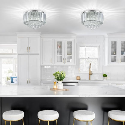 HOPGGIE 11.8 Inch Crystal Chandelier Modern Chandelier Light Mini Chandelier Semi Flush Mount Ceiling Light Fixture Small Chandelier for Bedroom Hallway Kitchen Foyer Closet (Chrome)