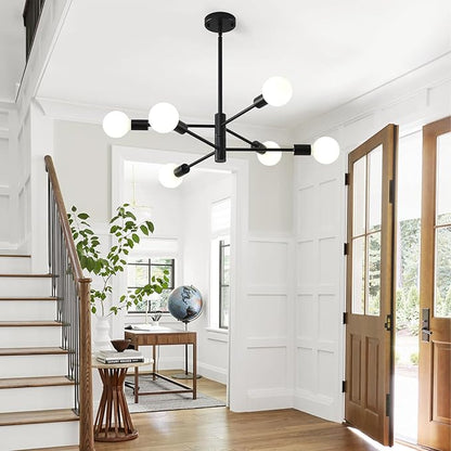 HHR Black Sputnik Ceiling Light, 6-Light Modern Chandelier with Adjustable Height, Mid Century Ceiling Lighting Fixture for Dining Room Kitchen Island Farmhouse