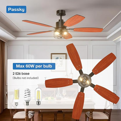 Passky Ceiling Fans with Lights, 52 inch Farmhouse Ceiling Fan with Light and Remote Control, 6 Speeds, Reversible, Noiseless, Dual Finish Blades, Black Caged Ceiling Fan for Bedroom, Living Room