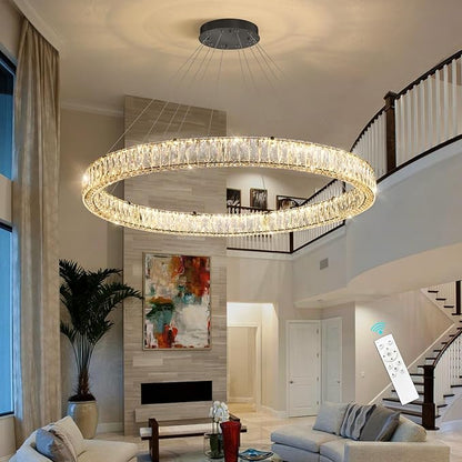 HAIXIANG Modern Crystal Chandelier Dimmable Large Ring LED Pendant Lights Adjustable Glam Chandeliers Lighting Fixtures for Dining Room Living Room Bedroom Black Light