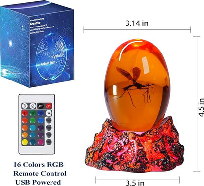 Jurassic 3D Mosquito in Amber Resin, Mosquito Resin with Volcanic Lava Lamp Base with Remote 16 Colors Flashing RGB Dimmable, True 3D 3.3 Inches Tall Dinosaur DNA Replica Paper Weight Gifts