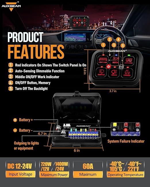 Auxbeam 6 Gang Switch Panel RA60 Toggle Momentary Pulsed RGB Dimmable Switch Panel Multifunction Switch Panel Built in Solid State Relay Marine Control Panel Waterproof for Car Boat, 3 Years Warranty