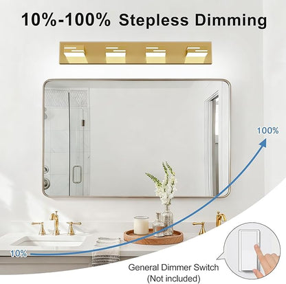LED Modern Bathroom Vanity Light Fixtures, 4-Light 28-inch Dimmable Gold Vanity Lights for Bathroom Lighting Fixtures Over Mirror, with 360° Rotatable Heads (Cool White 6000K)