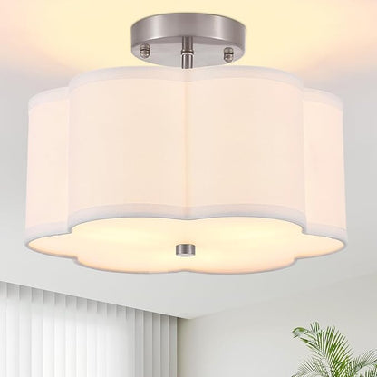 Modern Drum Semi Flush Mount Ceiling Light Fixture Modern 3-Lights Linen Drum Ceiling Lighting with Chrome Finish, Vintage Modern Ceiling Light for Laundry Room, Kitchen, Basement, Bedroom